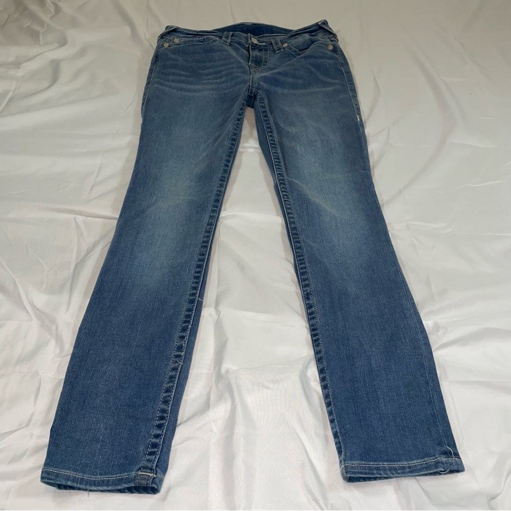 True Religion Womens Skinny Jeans Blue Denim Contrast Stitch Size 30
